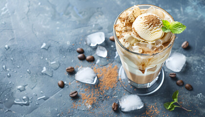 Wall Mural - Ice coffee with vanilla ice cream, copy space