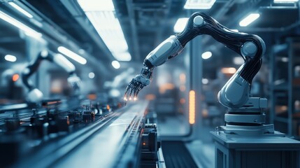 Poster - a robotic arm meticulously assembles products on a production line in a modern factory, showcasing a