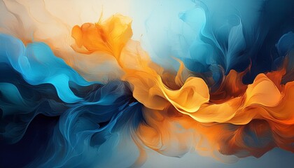 Wall Mural - An abstract painting of blue, orange, and yellow smoke. Abstract background created with Generative Ai Technology