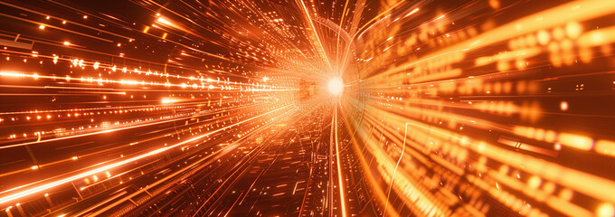 Wall Mural - Radiant Orange Light Tunnel with Dynamic Glowing Streaks and Particles