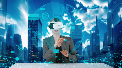 Wall Mural - Businesswoman looking dynamic market data research analysis rotated world graph monitor by VR global innovation interface digital infographic network technology visual hologram animation. Contraption.