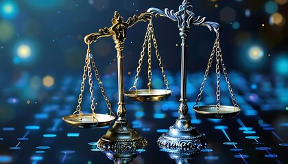 Wall Mural -  Digital Justice, Scales of justice balanced on a digital interface, technology in legal proceedings and decision-making