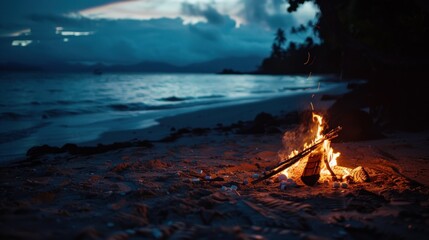 Poster - Campfire on a beach at night.