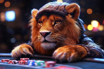 Animal Lion plays poker blackjack in a casino, fantasy