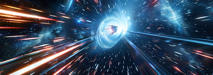 Canvas Print - Futuristic Spaceship Traveling Through High-Speed Blue Light Tunnel