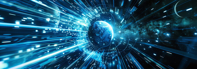 Wall Mural - Planet Earth Surrounded by Futuristic Digital Light Streaks in Space