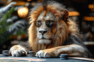 Animal Lion plays poker blackjack in a casino, fantasy