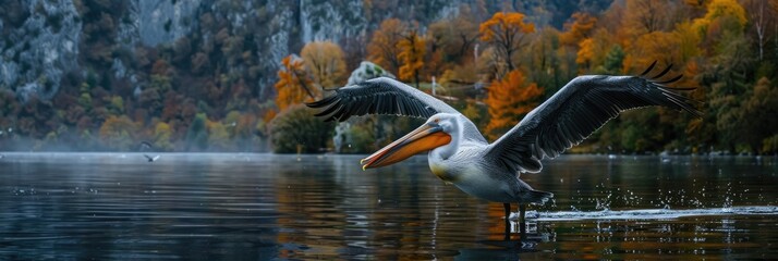 Poster - Dalmatian Pelican gliding slowly over the lake