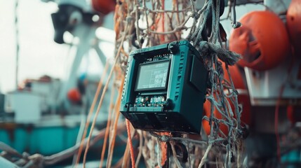 Aufkleber - A robust underwater research device hangs from the netting of a fishing boat, surrounded by orange buoys and fishing gear during sunset.