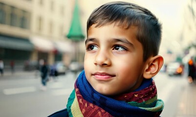 Wall Mural - Lifestyle portrait of a Chinese child male in the street with a scarf