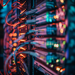 Close-up of server rack with network cables and glowing lights