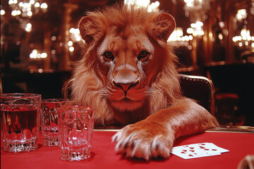 Animal Lion plays poker blackjack in a casino, fantasy