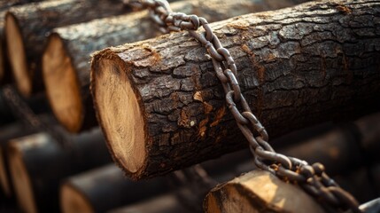 Stacked timber logs secured with a chain await processing in a lumberyard under bright daylight.