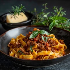 Wall Mural - Plate of Bolognese Pasta with Fresh Basil and Parmesan Cheese