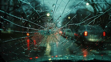 A dramatic shot of a car windshield with a spiderweb-like crack pattern