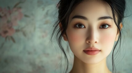 Canvas Print - A woman with dark hair and a red flower design on the wall behind her