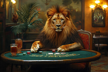 Animal Lion plays poker blackjack in a casino, fantasy