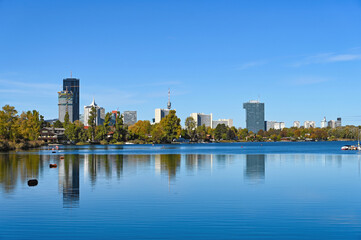 Poster - Skyline of Vienna and Donau river,riverside, autumn season,Austria