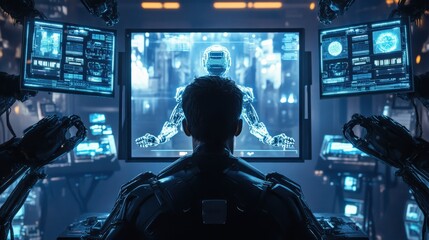 Poster - A scientist observes a humanoid robot on a screen, surrounded by advanced technology and monitors in a dimly lit lab