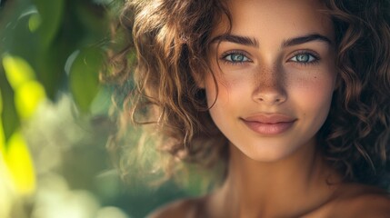 Wall Mural - A woman with curly hair and a greenish tint to her eyes