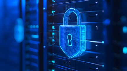 Poster - Digital padlock on server background representing data security, cyber protection, and encrypted cloud computing with a blue color theme.