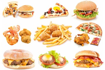 A collection of various fast food items including hamburgers, hot dogs, pizza, and french fries