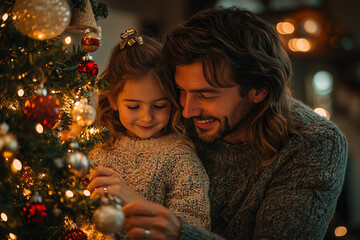 Wall Mural - Parents helping their kids decorate a Christmas tree, creating a heartwarming and joyful holiday scene with festive decorations and warm lighting.