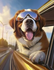 Canvas Print -  Sint bernard dog in car looking out of the window  with sunglasses 