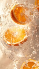 Wall Mural - A few orange slices and water splashes in the air against an orange background with an orange and white color scheme, captured with high resolution photography