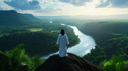 Wall Mural - Jesus standing on a hill, with a peaceful river flowing below and lush trees surrounding