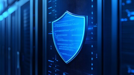 Poster - digital shield symbolizing cybersecurity protection in a server room. high-tech secure data storage 