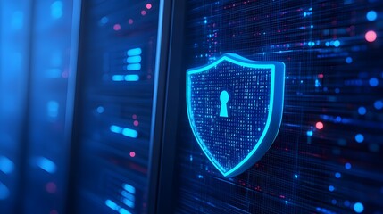 Poster - Futuristic digital shield icon representing cybersecurity and data protection among servers with blue neon lights.