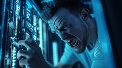 Poster - A person is intensely focused and showing frustration while diagnosing issues with computer hardware in a dimly lit server room illuminated by blue lights