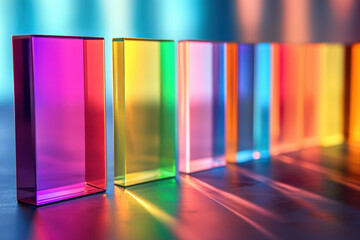 Poster - Row of colorful glass blocks casting vivid shadows on a surface