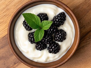 Photo of yogurt with blackberries in a bowl on a wooden table 5