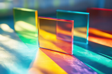Poster - Colorful transparent acrylic sheets standing on a reflective surface are casting a spectrum of light