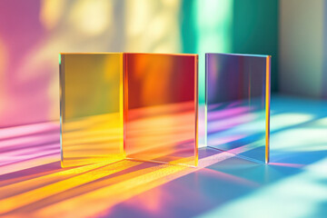 Poster - Light shining through three colorful translucent acrylic panels casting shadows on a colorful surface