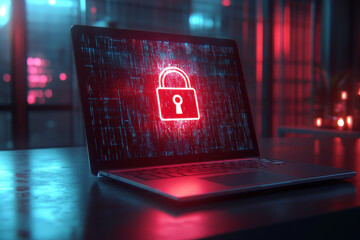Poster - open laptop displaying a glowing red padlock icon over binary code, suggesting cybersecurity and dat