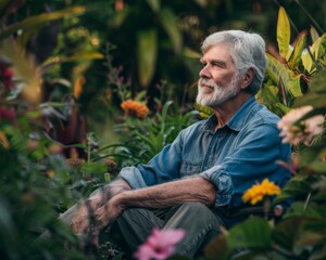 A man is sitting in a garden with flowers and plants. He is smiling and looking at the flowers