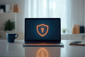 Poster - laptop is displaying a security shield icon on its screen, conveying a sense of safety and protectio