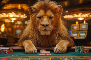 Animal Lion plays poker blackjack in a casino, fantasy