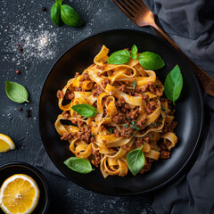 Wall Mural - Fettuccine Pasta with Ground Meat and Basil Garnish on Black Plate