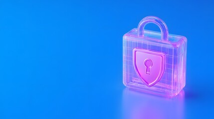 Poster - Pink transparent padlock on blue background symbolizing security and safety. Perfect for cybersecurity, digital protection concepts.