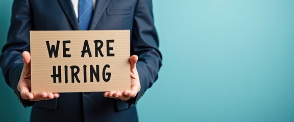 A person in a business suit holds a cardboard sign with the text 'We Are Hiring' against a plain teal background.