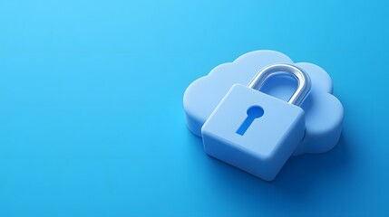 Poster - Secure cloud computing concept with blue cloud and padlock on blue background, symbolizing data protection and cybersecurity.