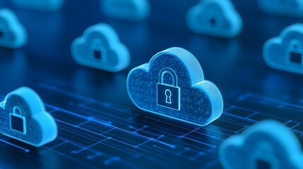 Secure cloud computing concept with glowing padlocks ensuring data protection in a digital environment. Cybersecurity and safe online storage.