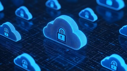Poster - Secure cloud computing with data encryption concept, featuring glowing blue cloud icons with padlock symbols on digital background.