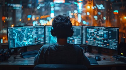 Poster - Individual Engaged in Data Analysis Surrounded by Multiple Computer Monitors at Night
