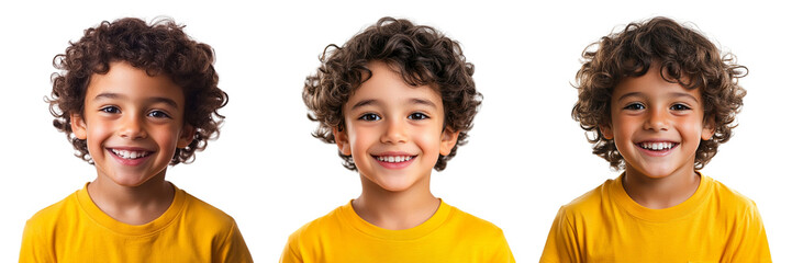 Set of A cheerful young boy with curly hair wearing a bright yellow shirt isolated on transparent background