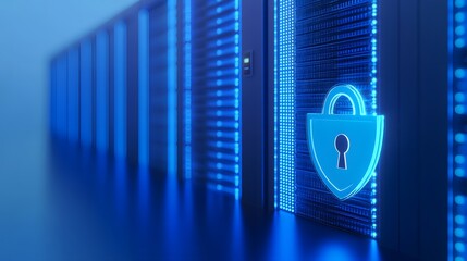 Poster - Secure data server in a modern data center with blue lighting. Emphasizes data security, advanced technology, and digital protection.